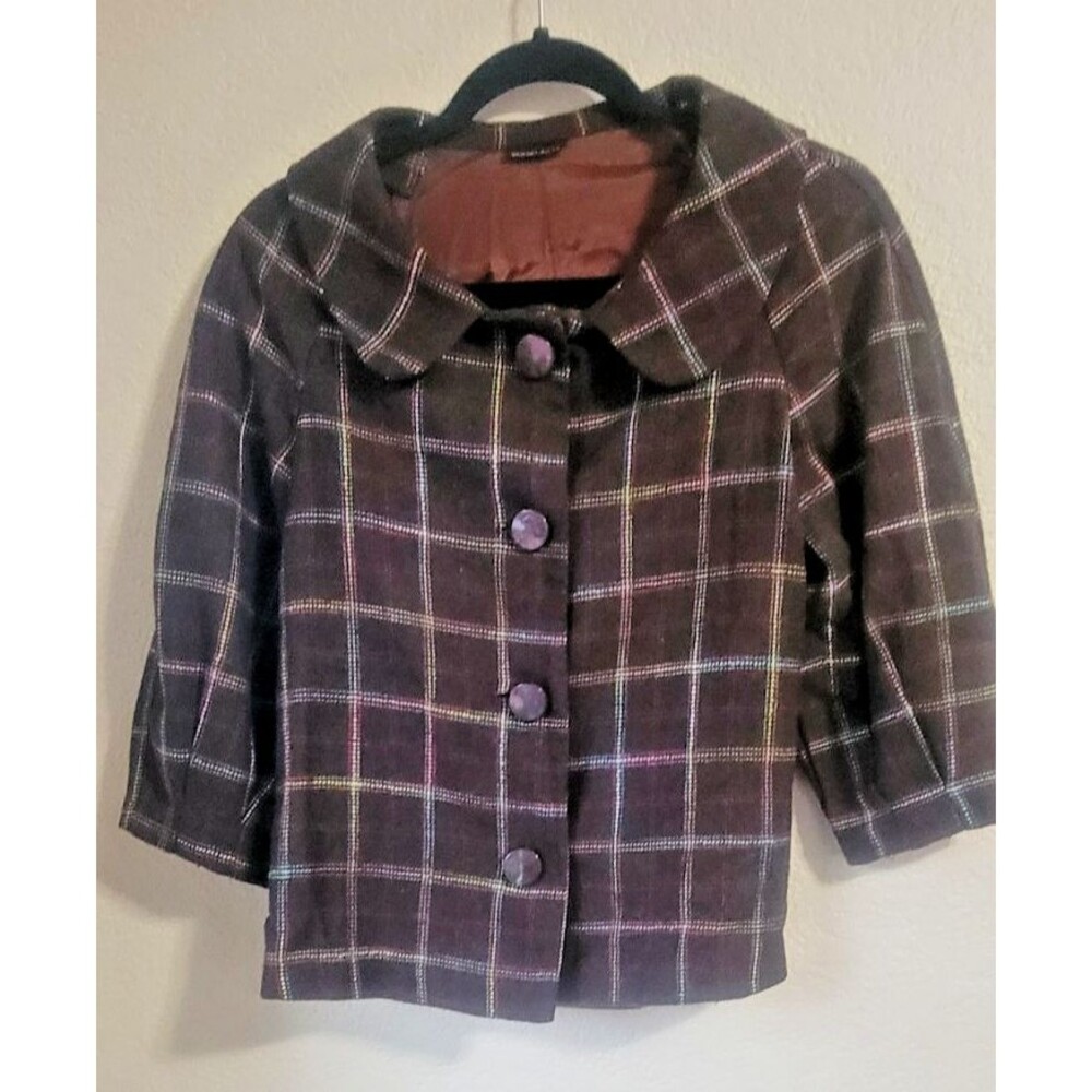Vintage Sooki Des L.A. Womens Jacket Coat Small Wool Blend Plaid Brown Cropped